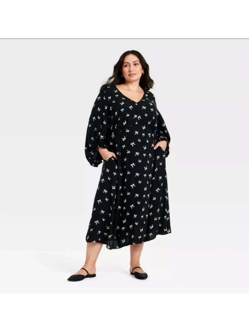 Women's Plus Bishop Long Sleeve Midi A-Line Dress - Ava & Viv, 3X (WL474)